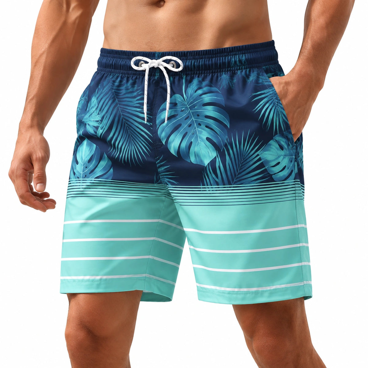 Bañador para hombre talla M de tejido sintético azul marino y turquesa con cordón y bolsillos
