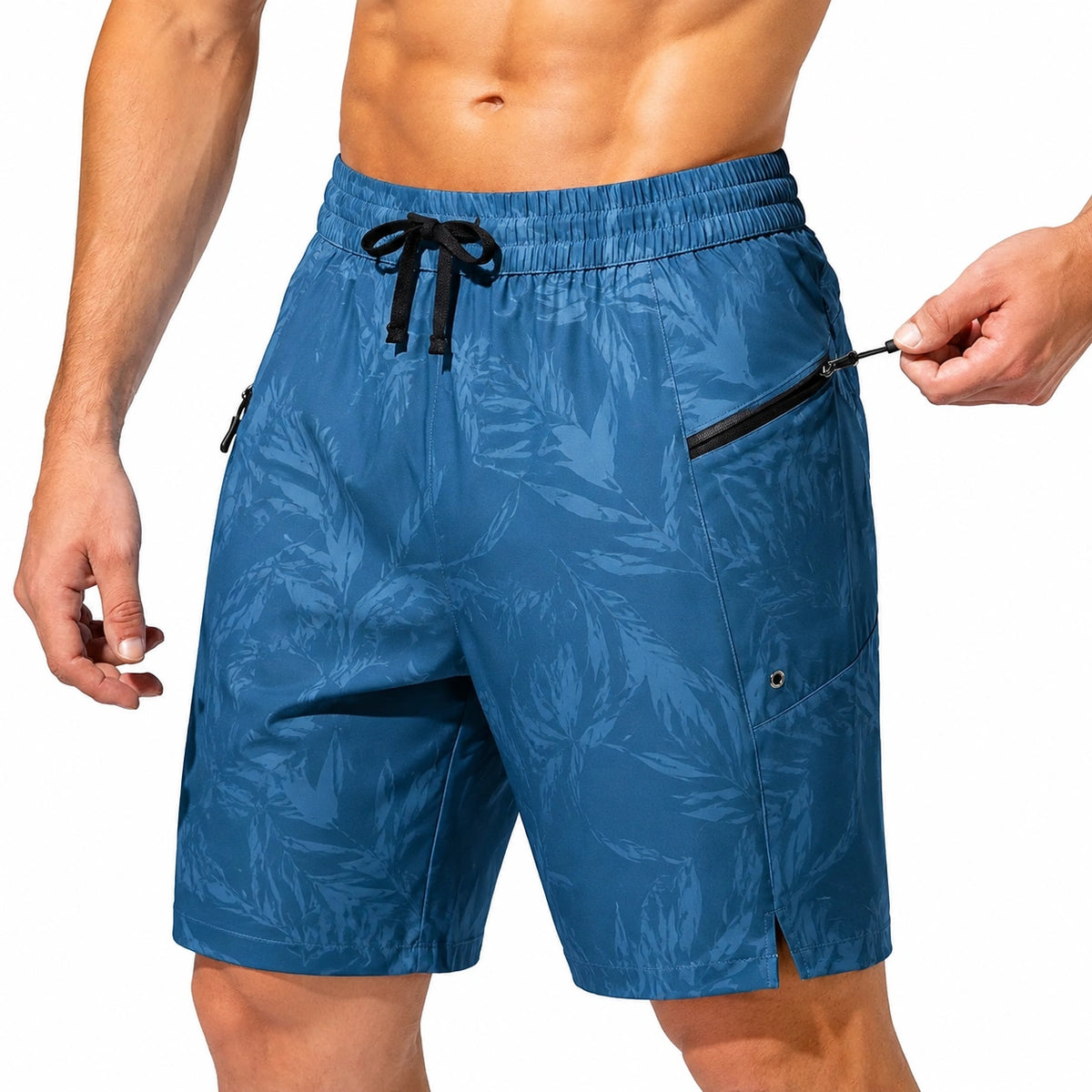 Bañador corto hombre talla M azul con estampado floral y bolsillos con cremallera