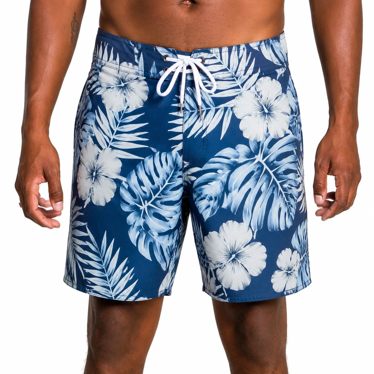 Bañador corto para hombre talla L de tejido sintético azul marino y blanco con estampado tropical y cordón