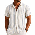 Camisa de hombre talla M de tejido ligero beige y gris de rayas con manga corta