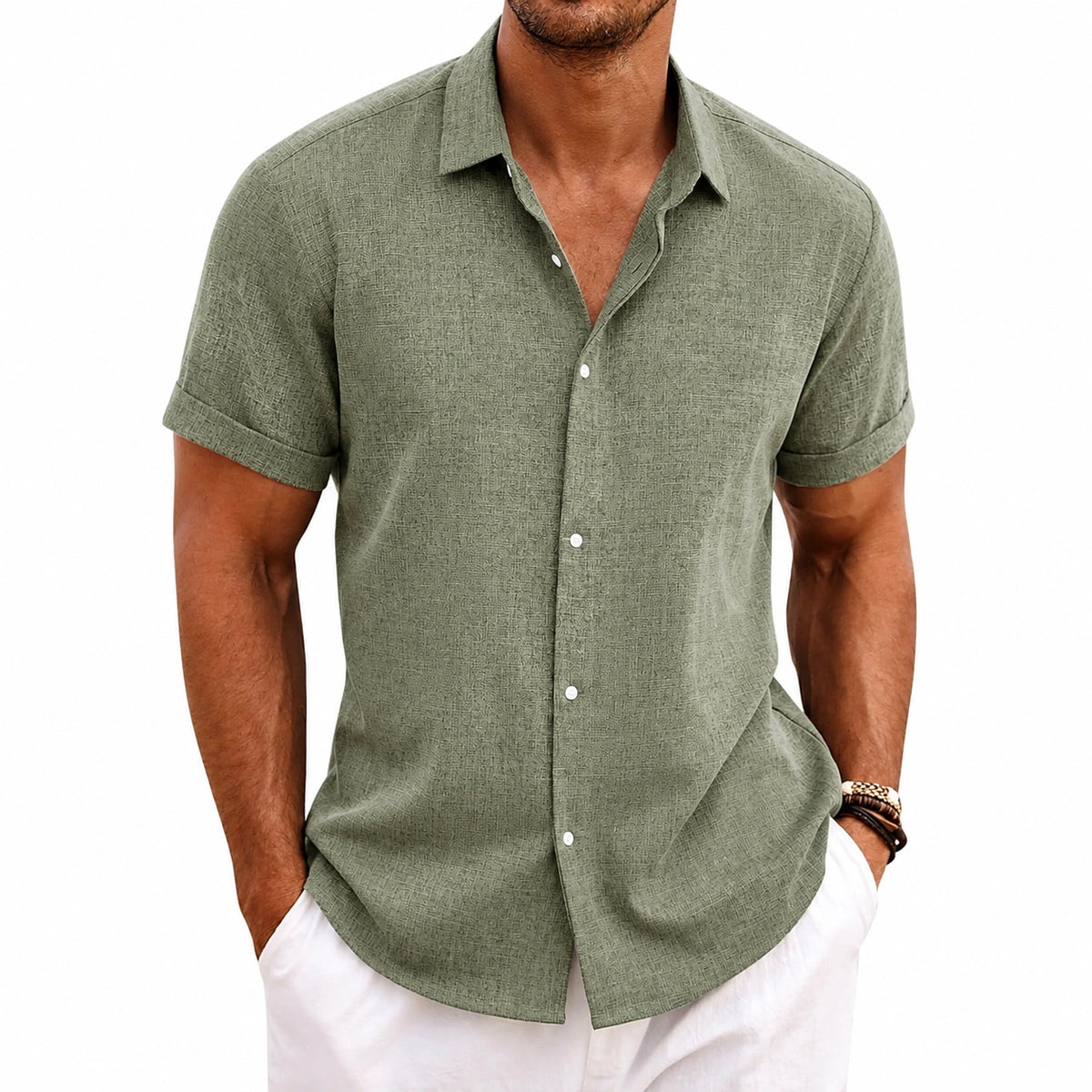 Camisa de hombre talla M verde de tejido texturizado - manga corta informal