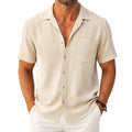 Camisa de hombre talla L de lino beige de manga corta con bolsillo y cuello abierto