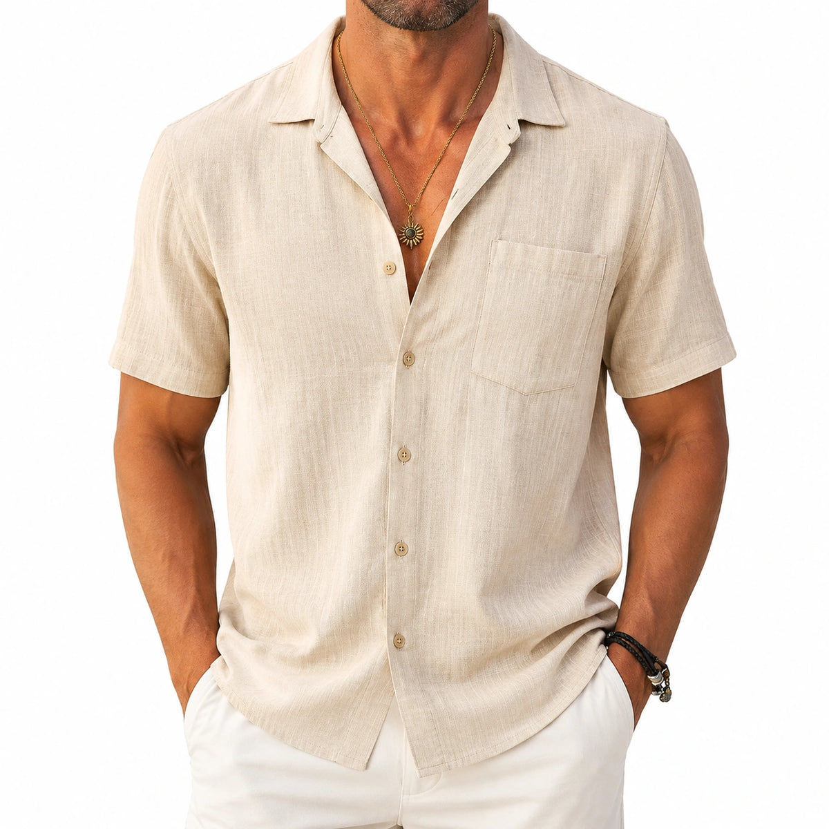 Camisa de hombre talla L de lino beige de manga corta con bolsillo y cuello abierto