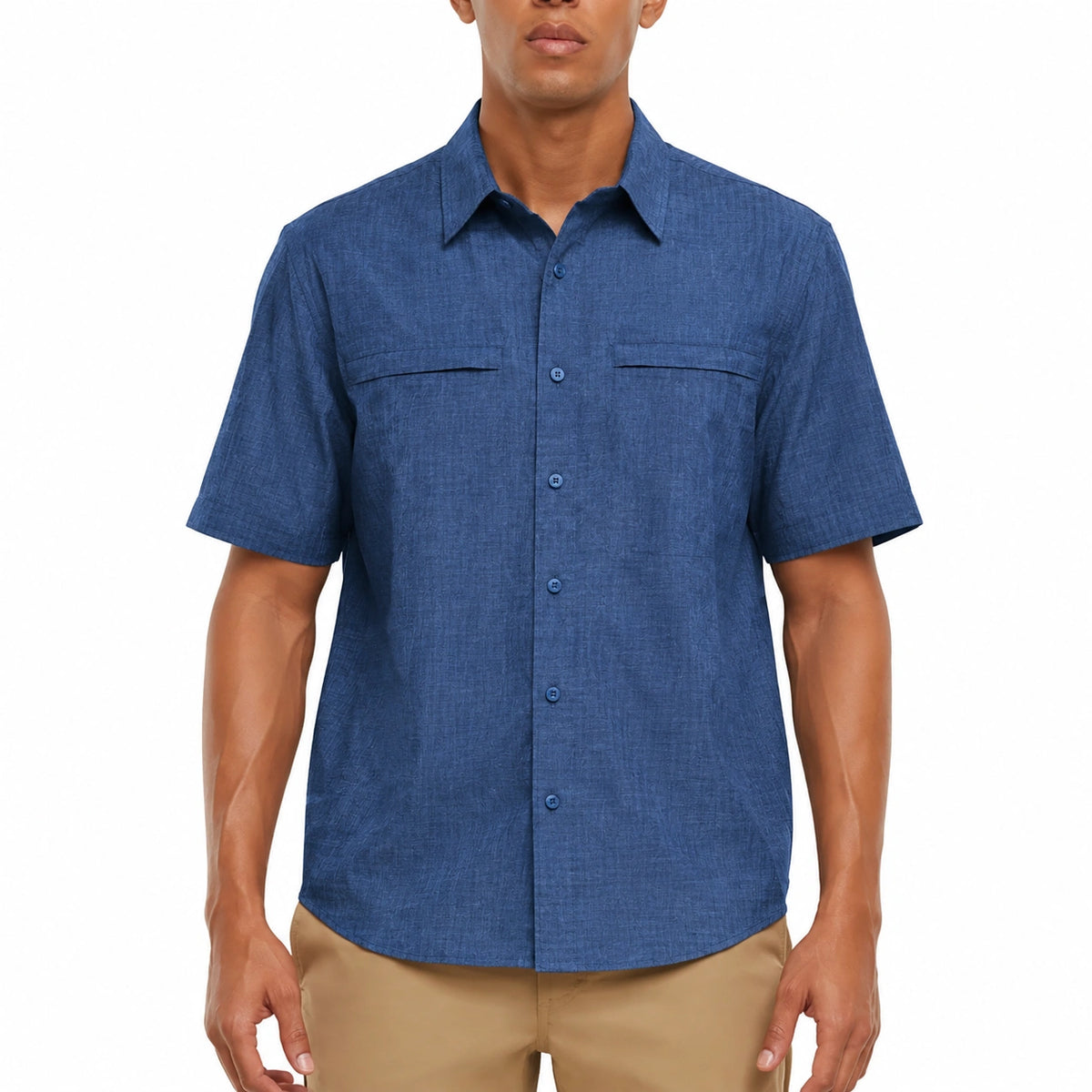 Camisa de hombre talla L azul de manga corta con botones estilo casual