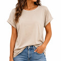 Camiseta de mujer talla M beige de tejido ligero - manga corta con vuelta
