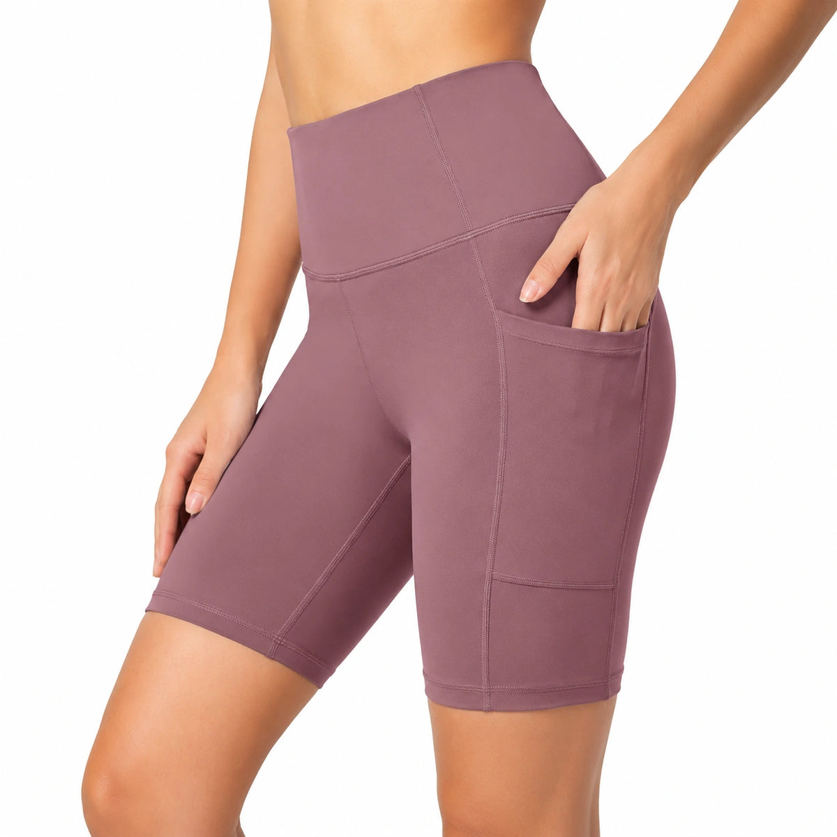 Mallas cortas deportivas S de tejido elástico malva con cintura alta y bolsillo lateral
