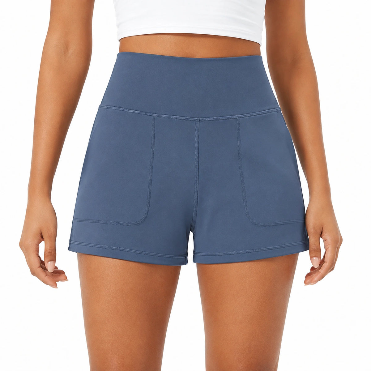 Pantalón corto deportivo de mujer talla S azul de tejido elástico con cintura alta y bolsillos
