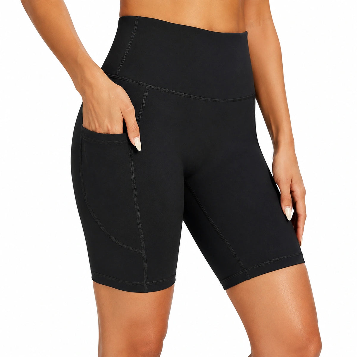 Pantalón corto ciclista de mujer talla M negro de tejido elástico con bolsillo lateral