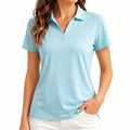 Polo de mujer talla S azul claro de tejido ligero con cuello camisero y manga corta